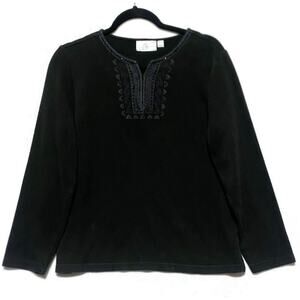 Studio Works Black Top Blouse Women's Size Large V Neck Long Sleeves